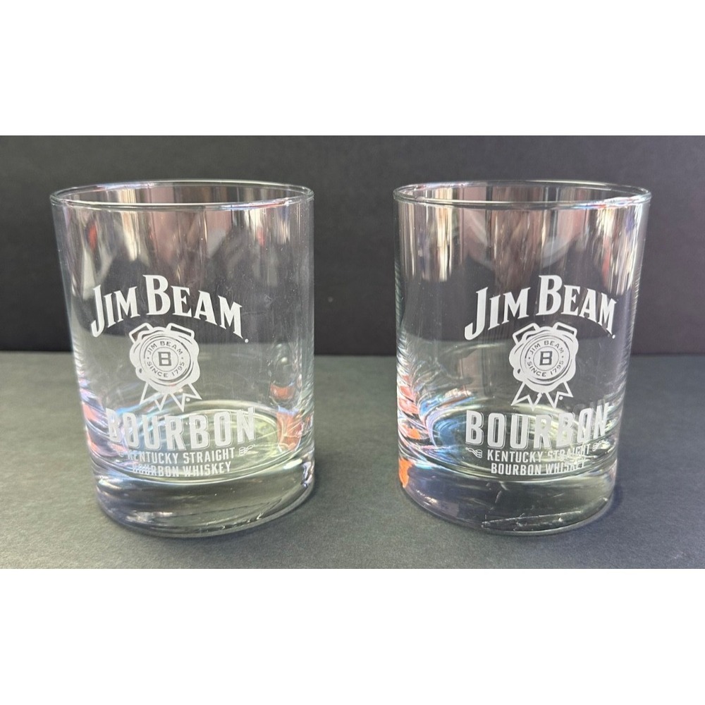Set of 2 Vtg Jim Beam Bourbon Whiskey‎ Logo Bar Glasses Tumblers Low Ball Rocks